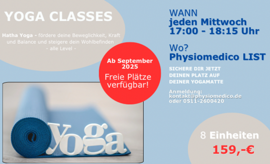 Bild und Text mit Hinweis auf Yoga Classes – Termin und Preis
